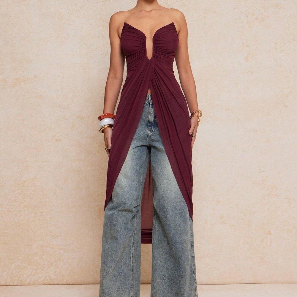 Burgundy Casual Women's V-Neck Strapless Soft Flowing Blouse